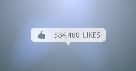 Thumbs up icon, Like text and increasing numbers on speech bubble against blue background
