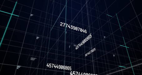 Image of white numbers changing and data processing over glowing light trails