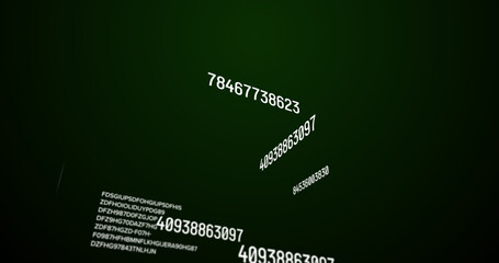 Image of white numbers changing and data processing over green background