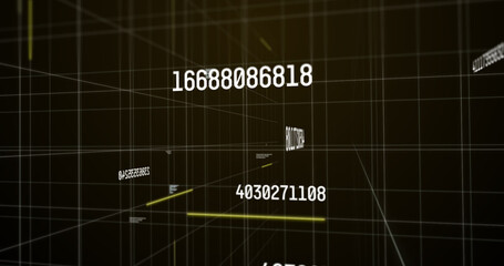 Image of white numbers changing and data processing over glowing light trails