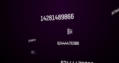 Image of white numbers changing and data processing over purple background