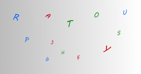 Random letters with colors blue, green, red move towards the left in a vast empty space