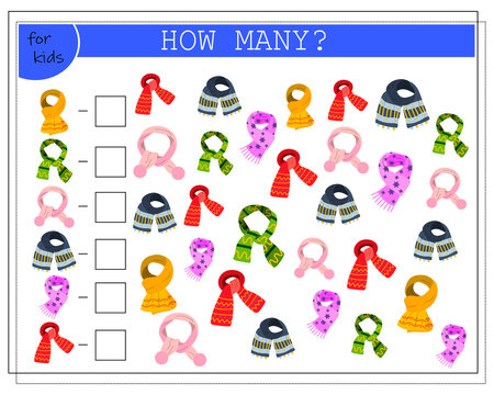Math game for kids. count how many scarves there are. vector isolated on a white background