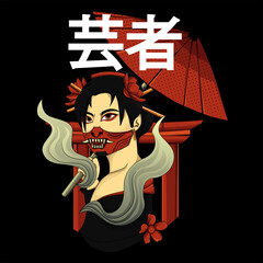illustration geisha for tshirt in black background