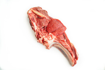 piece of beef on bone on white background. isolate. eco-friendly farm products