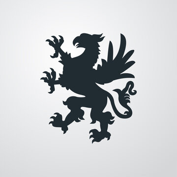 Logo heráldica con silueta de grifo medieval de pie en fondo gris
