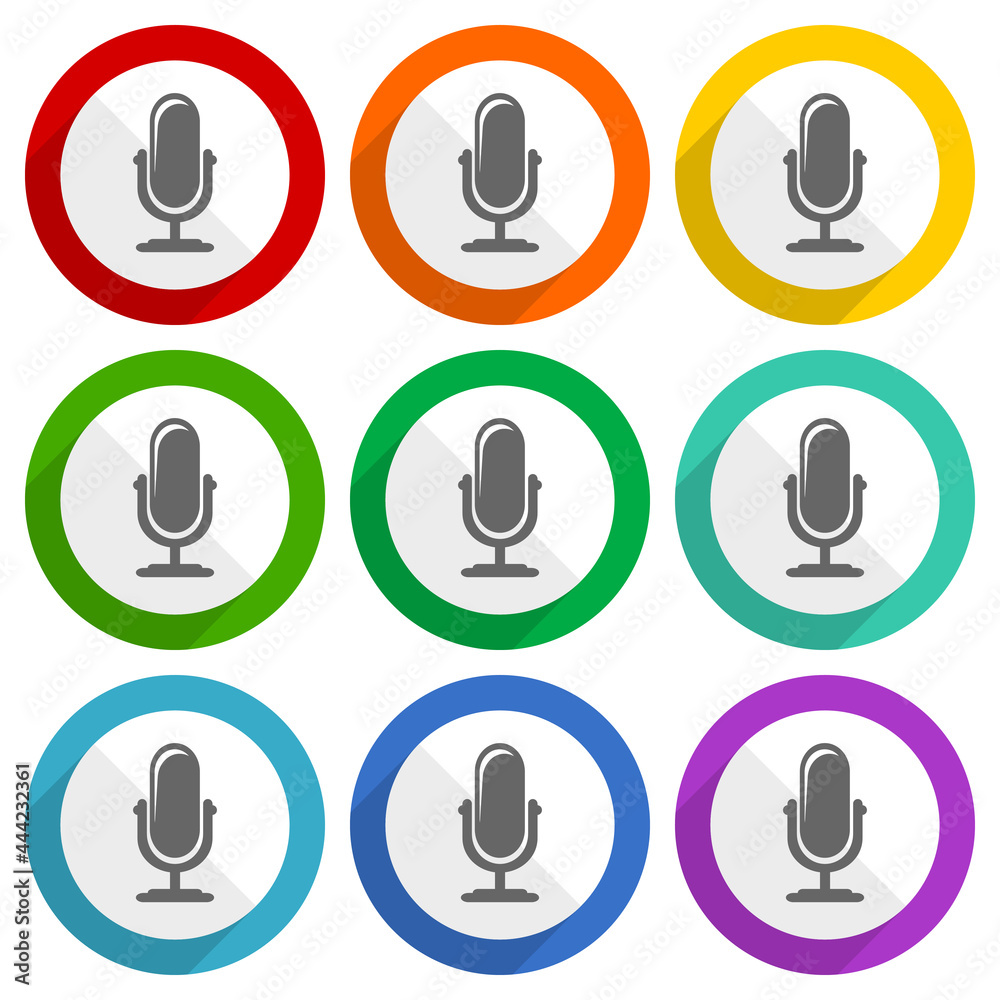 Fototapete Microphone vector icons, set of colorful flat design buttons for webdesign and mobile applications