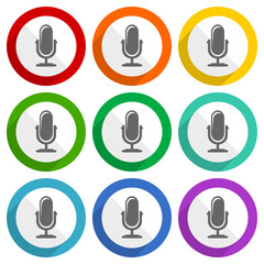 Microphone vector icons, set of colorful flat design buttons for webdesign and mobile applications