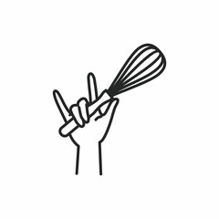Vector logo for the pastry chef. Dessert preparation. Hand emblem with whisk.