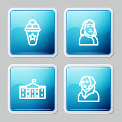 Set line Ice cream in waffle cone, Benjamin Franklin, United States Capitol Congress and George Washington icon. Vector