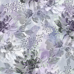 Monochrome retro floral pattern. Gray-blue background.