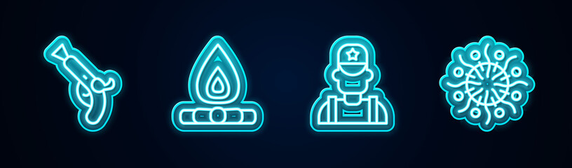Set line Vintage pistols, Campfire, Sheriff cowboy and Firework. Glowing neon icon. Vector