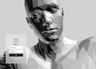 Login user interface. Low poly style human head. Modern screen design for mobile app and web design. Website element. Сyber security concept illustration. Artificial intelligence. 3D vector.