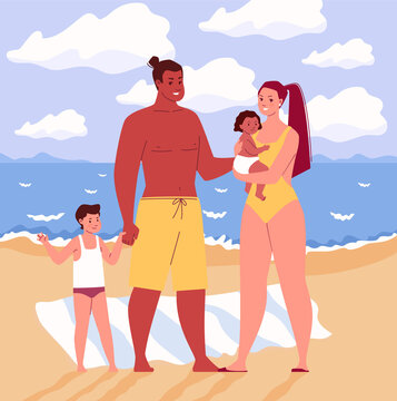 Family, mother, father, daughter, son, holding hands and hugging. Summer vacation by the sea. Sunbathe on the sand of the beach. Parents and children at the resort. Vector flat cartoon illustration.