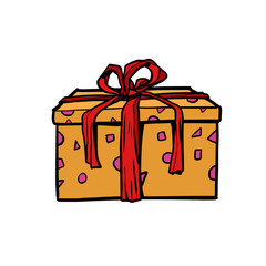 A gift box with a red ribbon on a neutral background . A holiday surprise, a purchase. Christmas, birthday or wedding