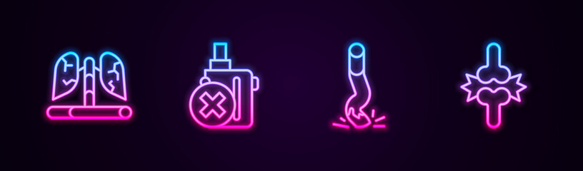 Set line Disease lungs, No electronic cigarette, Cigarette butt and Joint pain, knee pain. Glowing neon icon. Vector