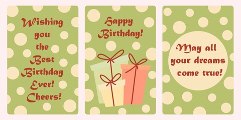 Greeting card in green tones with polka dots. Postcard happy birthday and different warm wishes on a background of polka dots. The card features a bunch of gifts. 