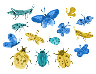 Watercolor set of insects, butterflies, grasshoppers, beetles. Hand draw full color illustrations for patterns, cards, congratulations, design.