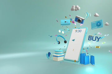 Gift ribbons and camera handbag spread out from mobile phones. Shopping online on popular mobile applications around the world with light blue phone on gradient light blue background.3D render