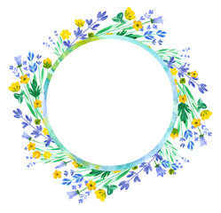 Watercolor round frame with wildflowers, buttercups, bell, lavender. Hand draw full color illustrations for patterns, cards, congratulations, design.