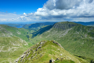 Looking down The Tongue into Grisedale from the summit of Dollywaggon Pike on Helvellyn in the Lake District, with views towards St Sunday Crag and Ullswater