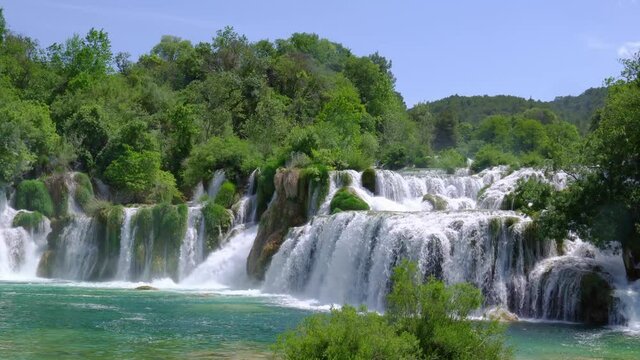 Mountainous beautiful waterfalls formed by the melting of glaciers due to global warming. Beautiful Waterfalls at Krka National Park in Croatia.
