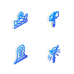 Set Isometric line Medieval axe, King crown, Grave with tombstone and Magic staff icon. Vector