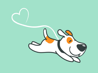 small cute dog running and jumping with leash in a heart shape line. cartoon hand drawn illustration for logos, pet walking services, happy animal care - 444236738