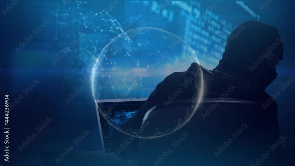 Poster animation of globe and networks of connections over hacker with laptop