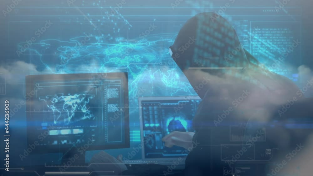 Poster animation of globe of networks of connections over hacker using computer