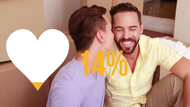 Animation of heart icon filling yellow and rising percentage, over gay male couple unpacking kissing
