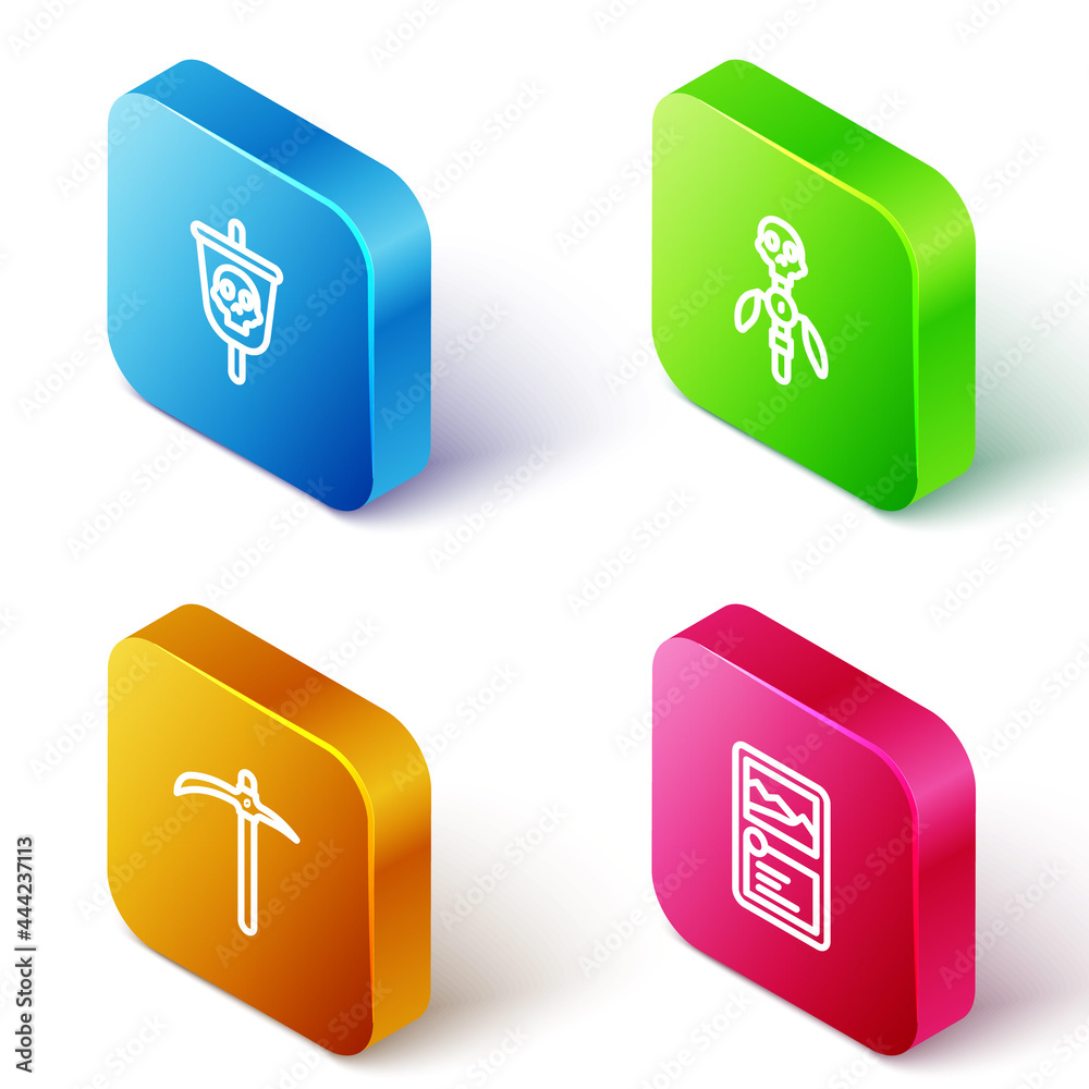 Sticker Set Isometric line Pirate flag, Magic staff, Pickaxe and Card game collection icon. Vector