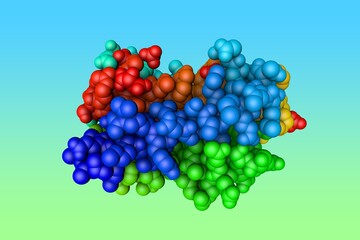 Molecular structure of human interleukin-6, pro-inflammatory cytokine and anti-inflammatory myokine. Rendering based on protein data bank. Rainbow coloring from N to C. 3d illustration