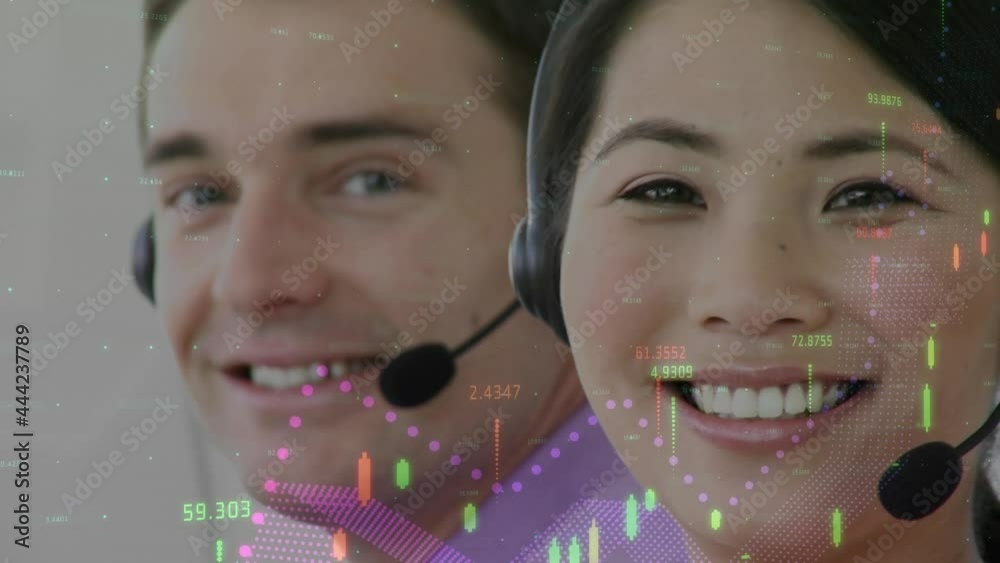 Wall mural Animation of statistics and data processing over business people wearing phone headsets