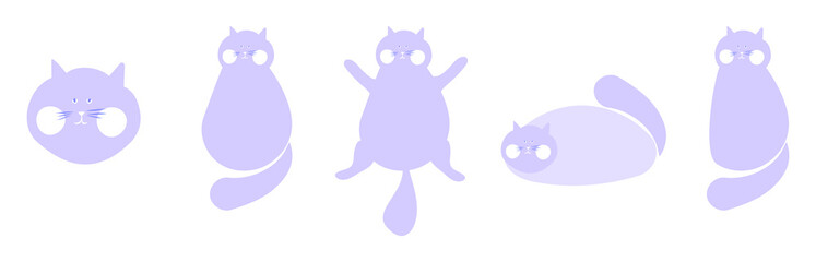 Set of vector illustrations, cute purple fluffy cat in different poses.