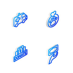 Set Isometric line Heart with animals footprint, Ambulance car, Donation and charity and icon. Vector
