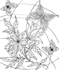 Vector illustration. Abstract black and white butterfly and flower on a white background.