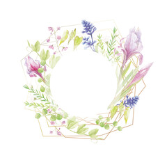 watercolor frame. Garden flowerson a white background. 