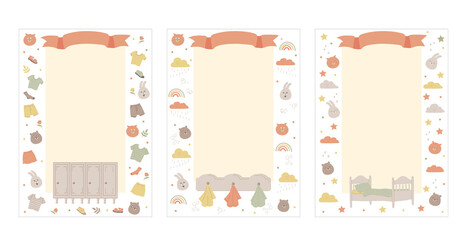 Set of hand-drawn colored vector templates, frame for list of personal towels, lockers and bed places in kindergarten or children's summer camp with cute animals. A4 format blanks