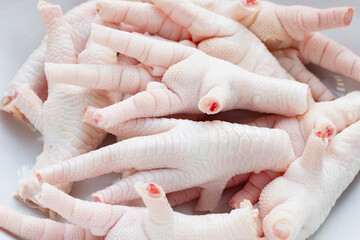 Fresh raw chicken feet. Close up