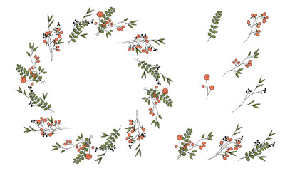 Decorative wreath of bouquets and elements of flowers and plants in doodle style. Hand drawing. Isolated object on a white background.