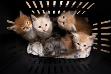 group of 8 week old maine coon kittens resting inside of pet carrier box together