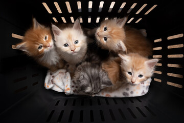 group of 8 week old maine coon kittens resting inside of pet carrier box together © furryfritz