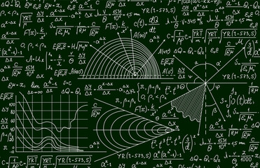 Mathematical scientific vector seamless pattern with plots, equations and formulas handwritten on a green background