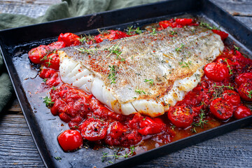Traditional skinned backed skrei cod fish filet with tomato salsa ragu and herbs served as close-up...