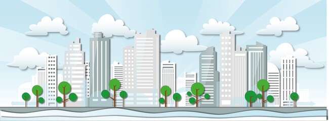city illustration, modern skyline with skyscraper buildings, vector graphic -