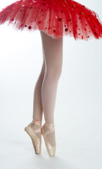 A young female ballet dancer in a red lace tutu standing on tiptoes. Isolated on white background