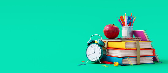 School accessories with apple, books and alarm clock on green background. Back to school concept. 3D Rendering, 3D Illustration - obrazy, fototapety, plakaty