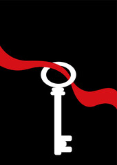 Minimalistic art with a silhouette of a white key hanging from a red ribbon on a black background. Vector template for poster, book cover A4, A3 with copy space. Mysticism, mystery