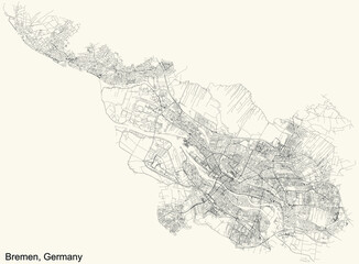 Black simple detailed street roads map on vintage beige background of Bremen, Germany - obrazy, fototapety, plakaty